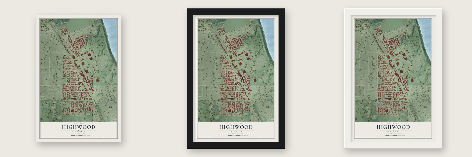 Highwood, Illinois map unframed, in a black wood frame and in a white wood frame