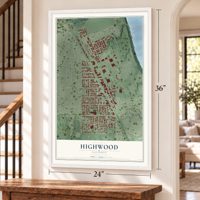 Highwood, Illinois map, 24 x 36 inch print in a white frame by a staircase