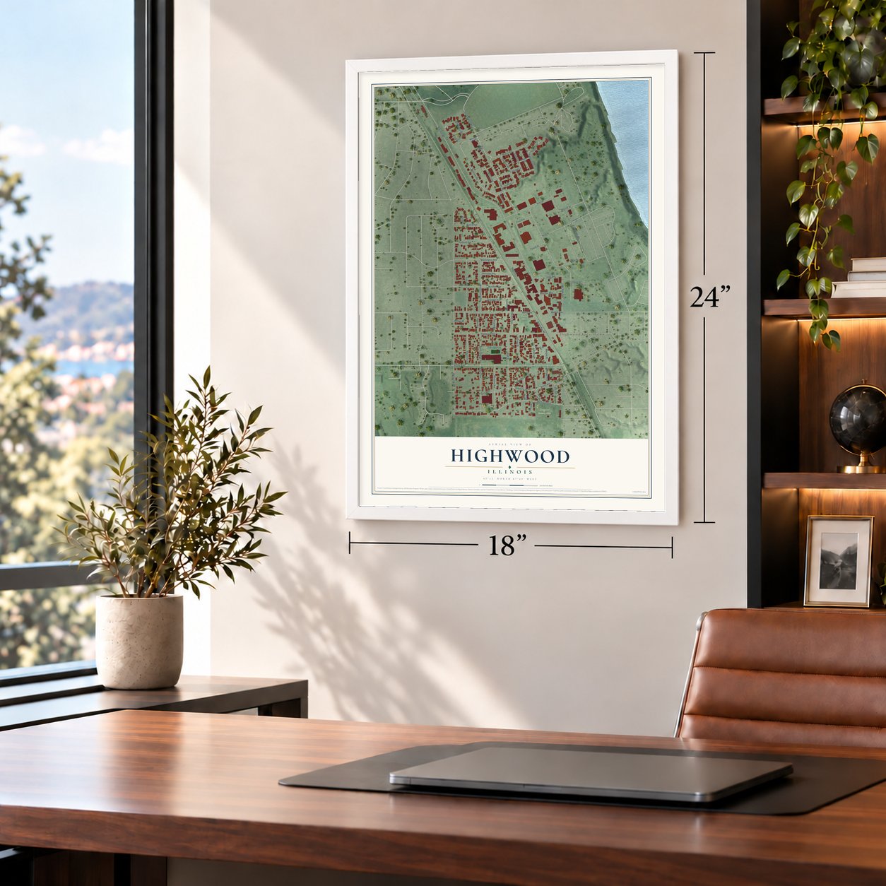 Highwood, Illinois map, 18 x 24 inch print in a white frame in a home office