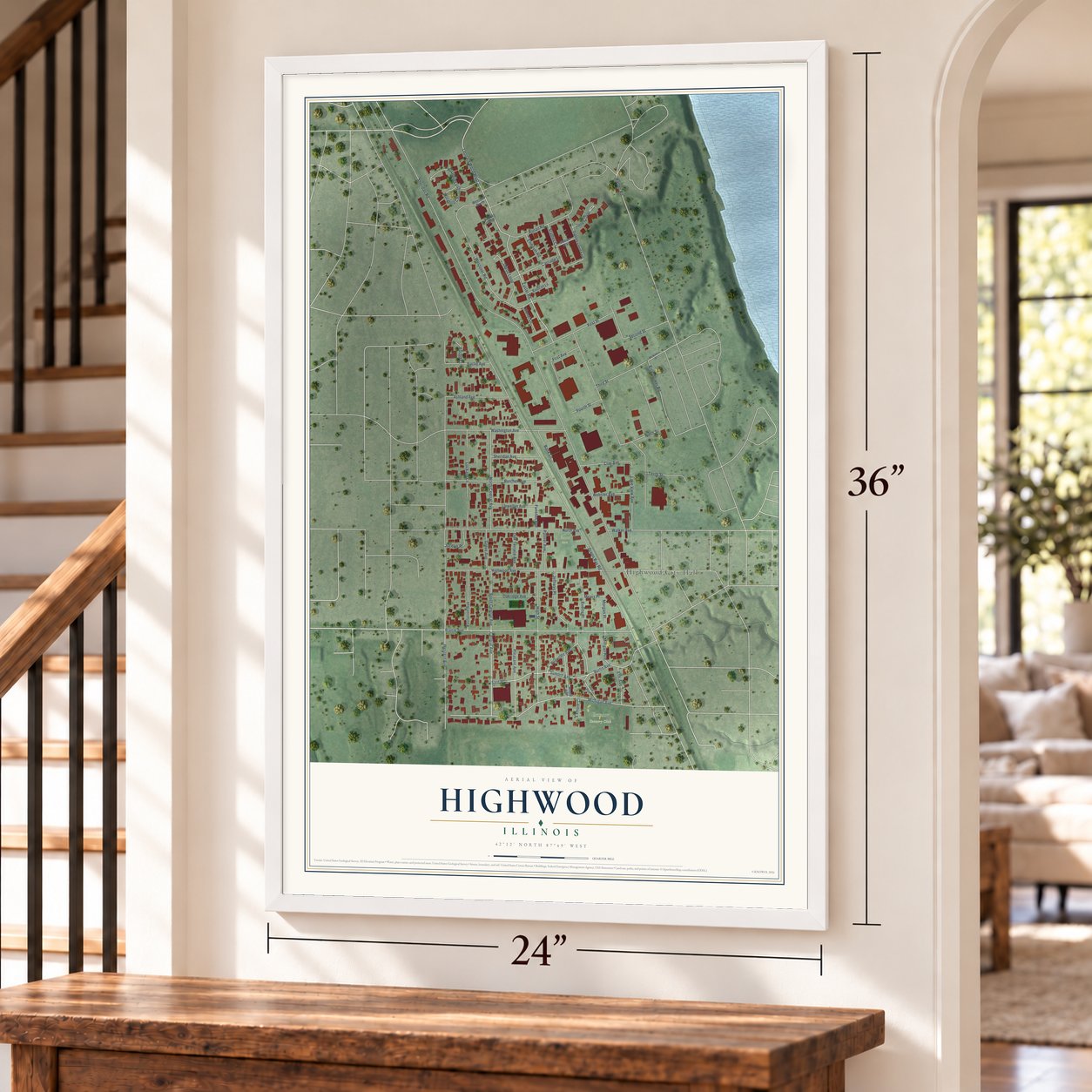 Highwood, Illinois map, 24 x 36 inch print in a white frame by a staircase