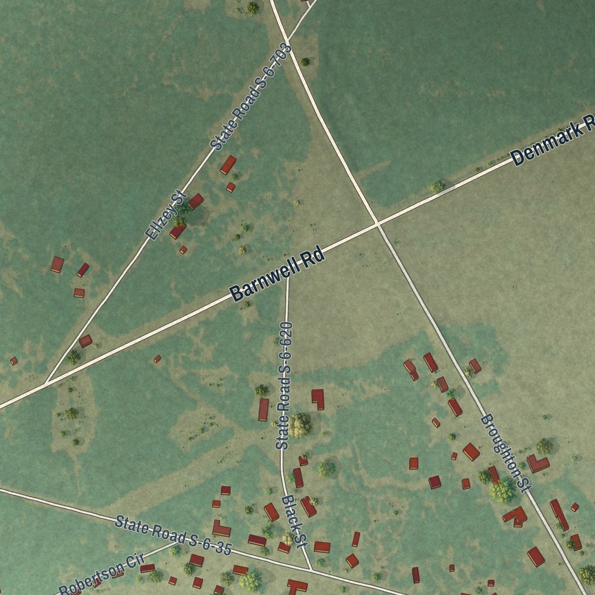 Second close-up of the map of Hilda, South Carolina print showing more streets and buildings