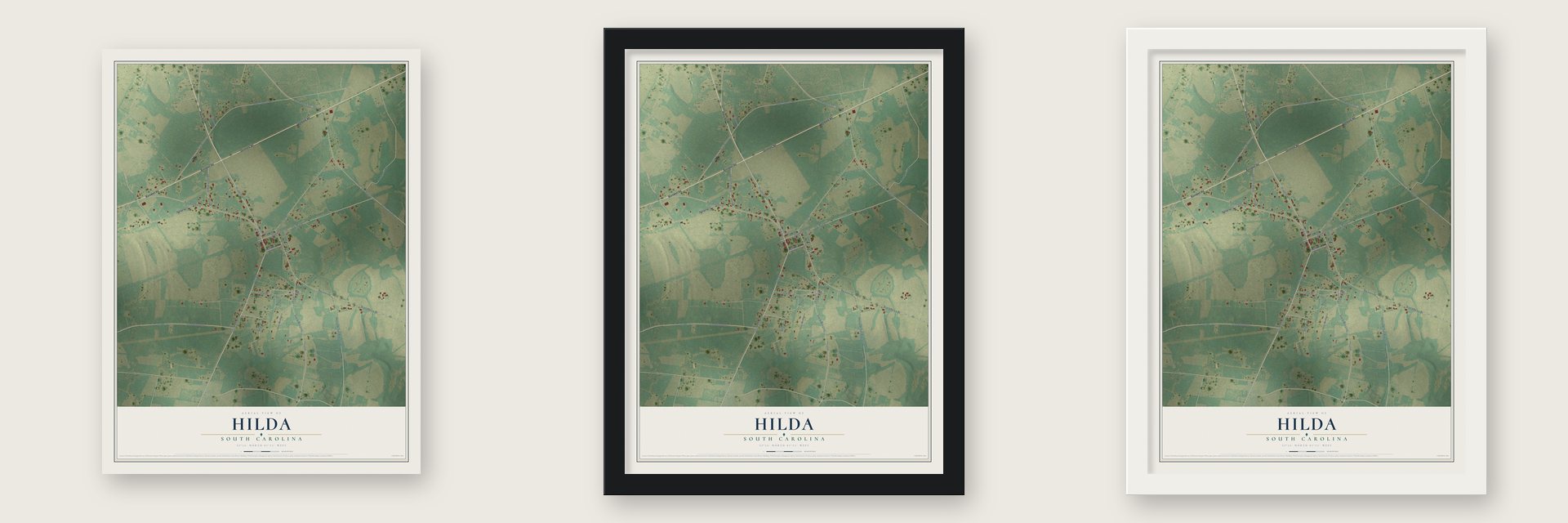 Hilda, South Carolina map unframed, in a black wood frame and in a white wood frame