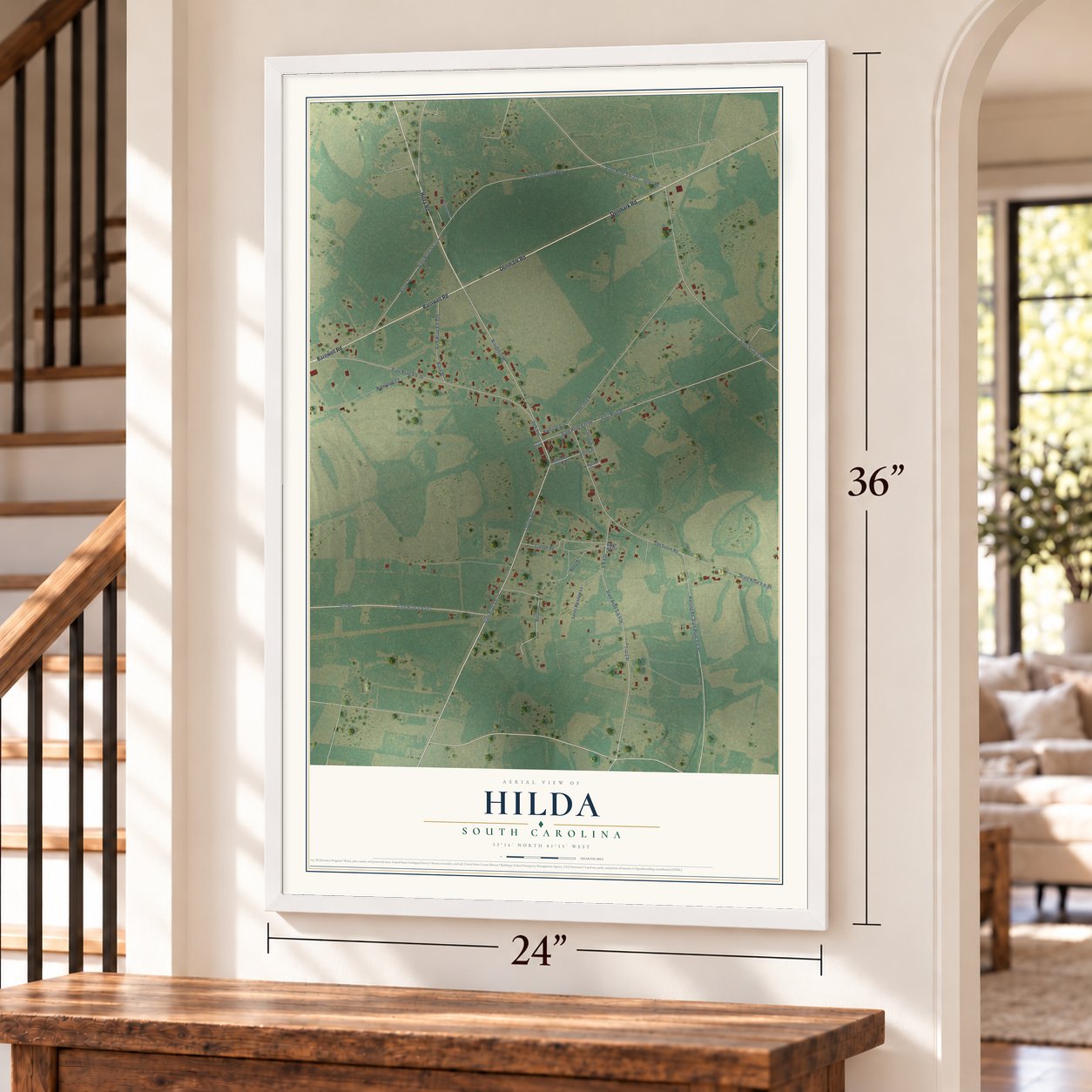 Hilda, South Carolina map, 24 x 36 inch print in a white frame by a staircase
