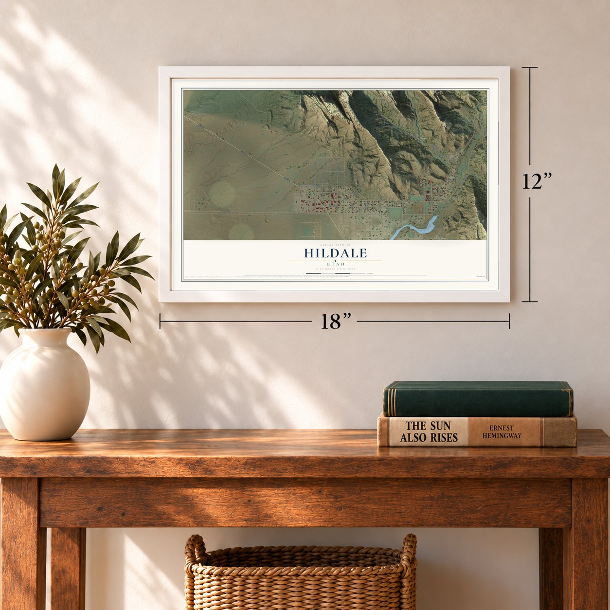 Hildale, Utah map, 12 x 18 inch print in a white frame in an entryway