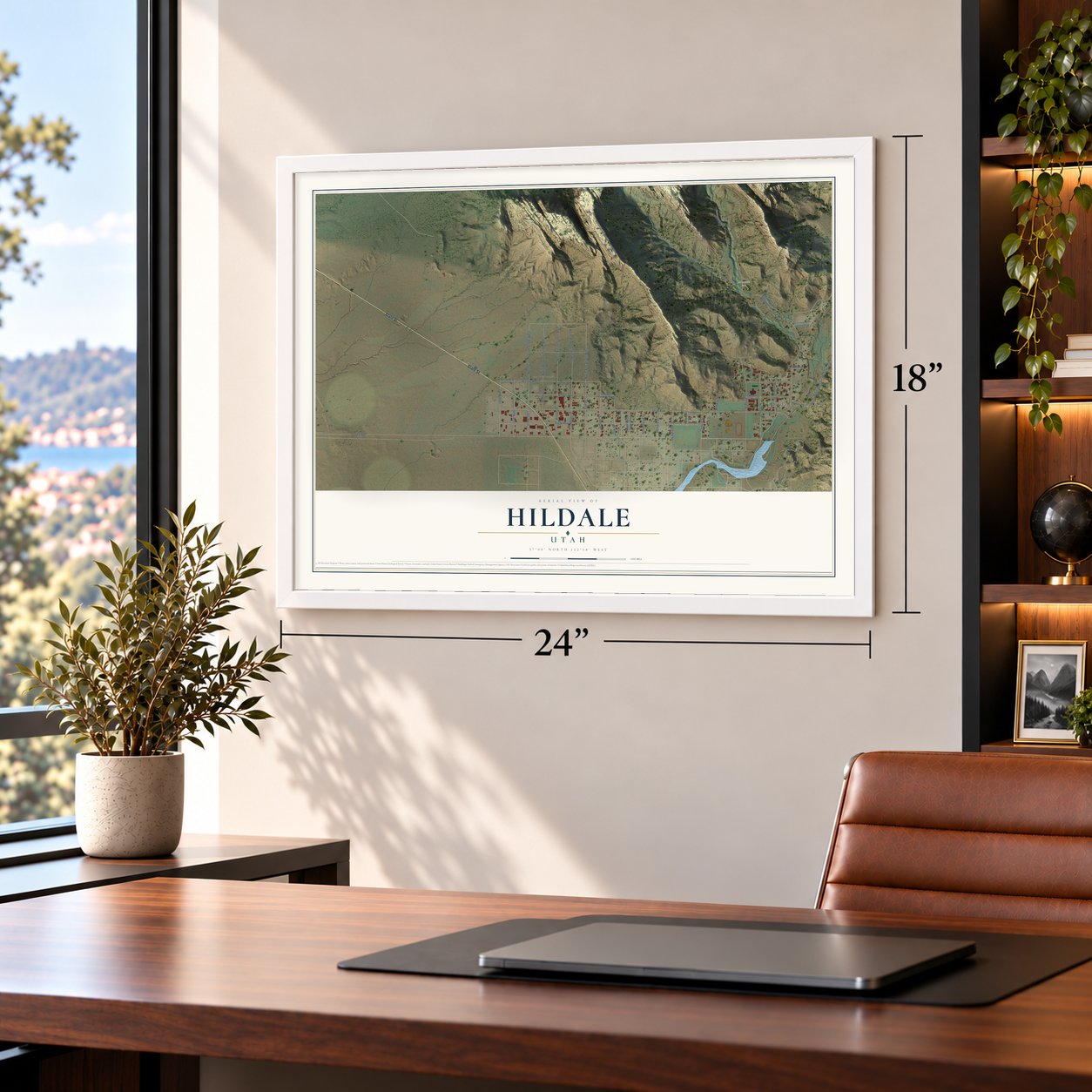 Hildale, Utah map, 18 x 24 inch print in a white frame in a home office