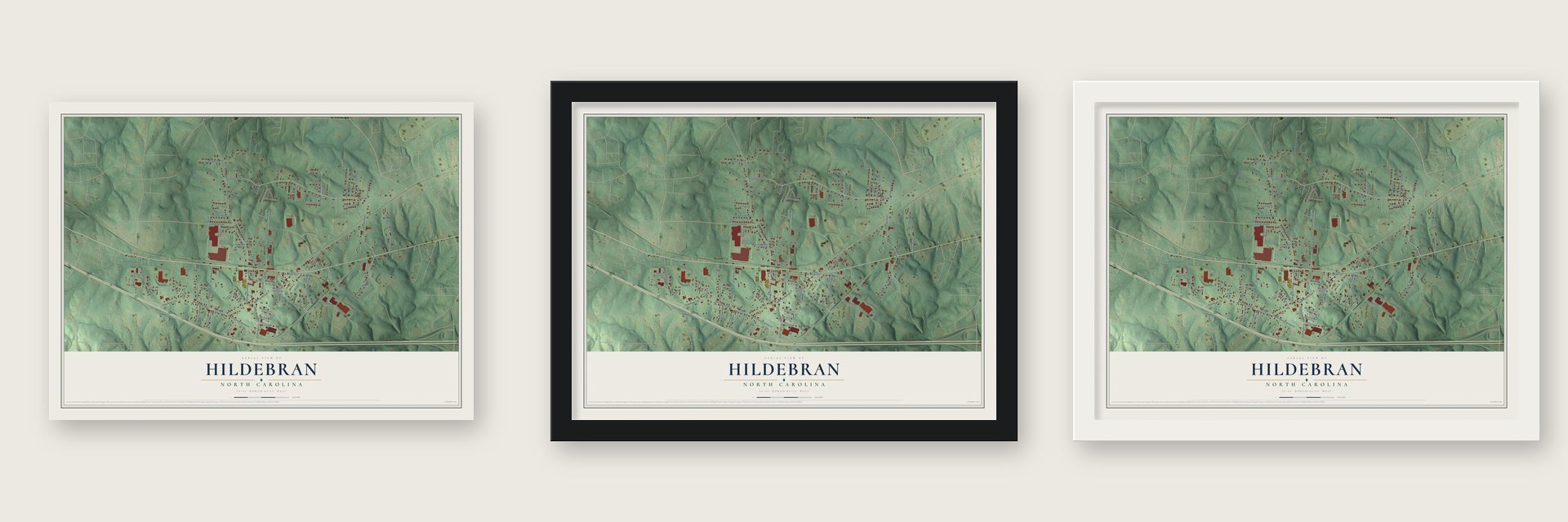 Hildebran, North Carolina map unframed, in a black wood frame and in a white wood frame