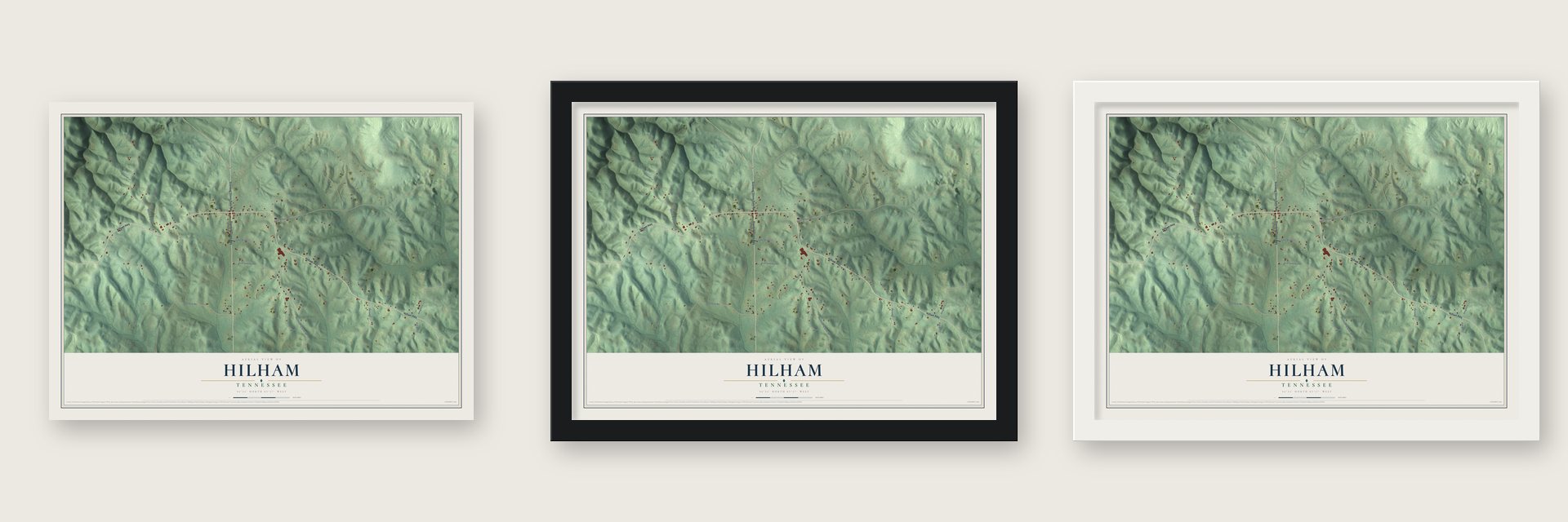 Hilham, Tennessee map unframed, in a black wood frame and in a white wood frame