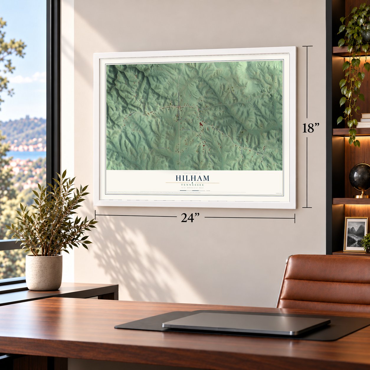 Hilham, Tennessee map, 18 x 24 inch print in a white frame in a home office