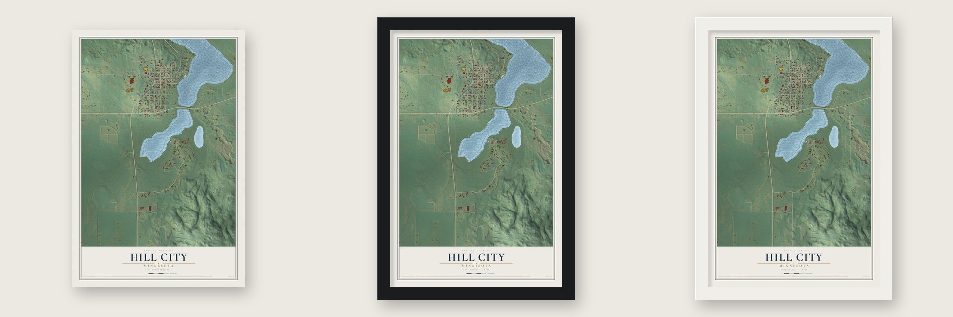 Hill City, Minnesota map unframed, in a black wood frame and in a white wood frame