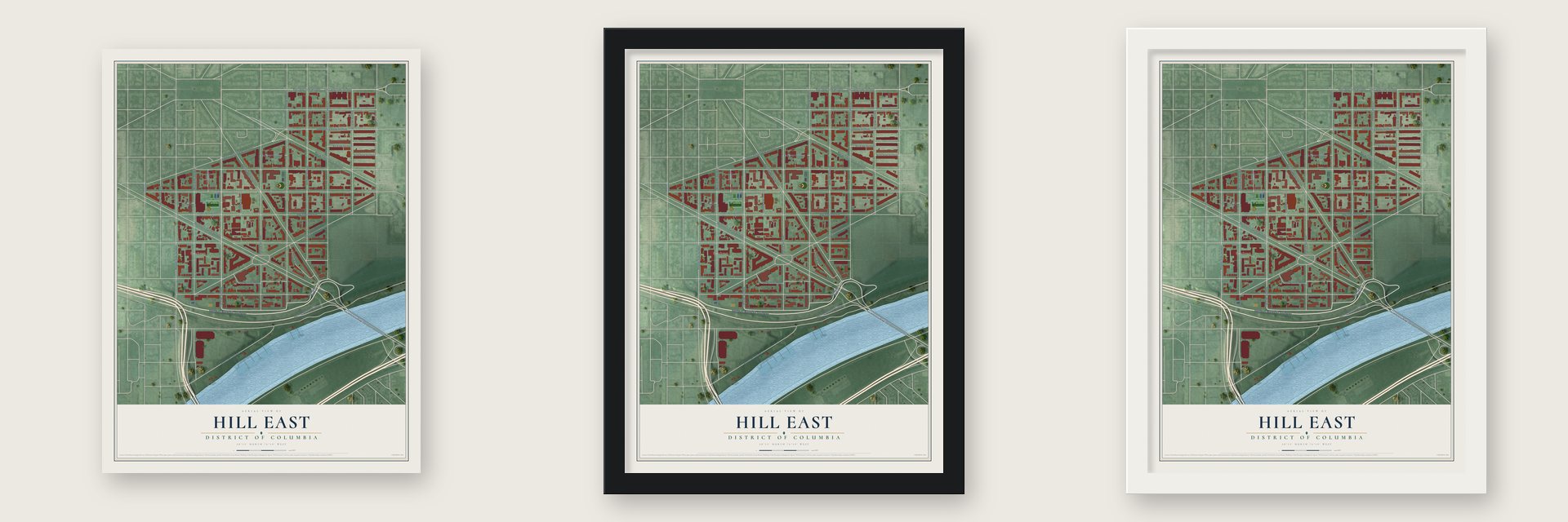 Hill East, District of Columbia map unframed, in a black wood frame and in a white wood frame