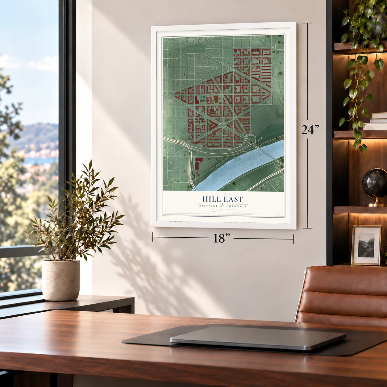 Hill East, District of Columbia map, 18 x 24 inch print in a white frame in a home office