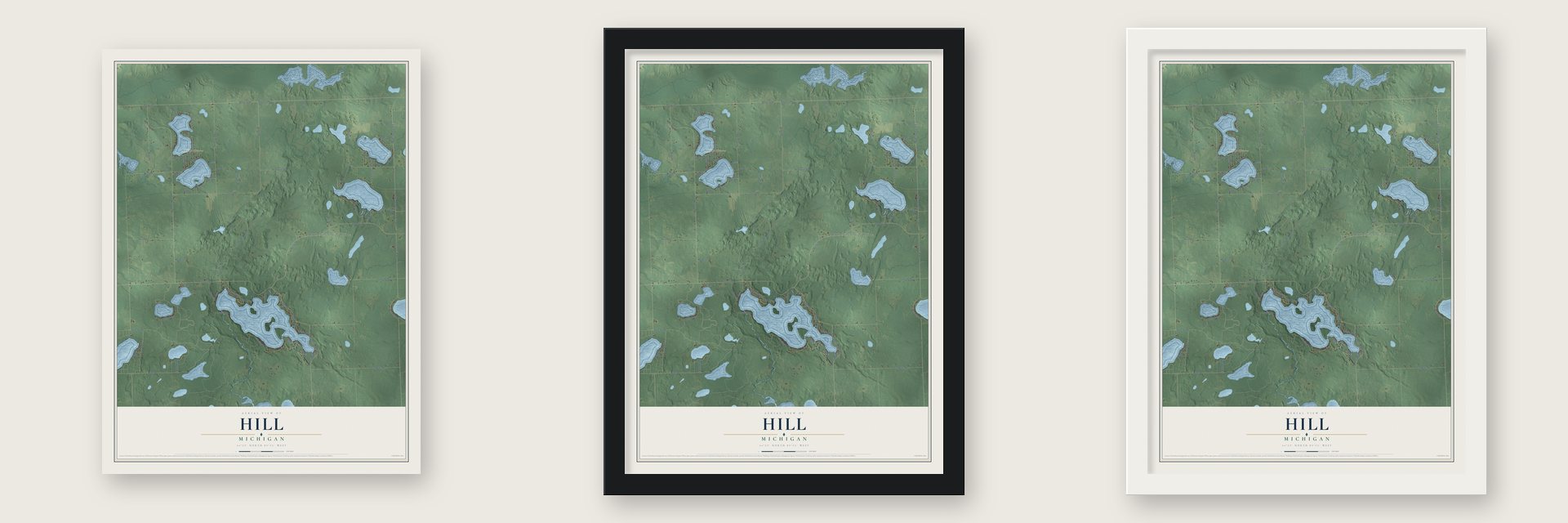 Hill, Michigan map unframed, in a black wood frame and in a white wood frame