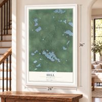 Hill, Michigan map, 24 x 36 inch print in a white frame by a staircase