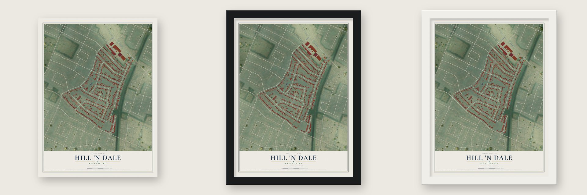 Hill 'n Dale, Kentucky map unframed, in a black wood frame and in a white wood frame