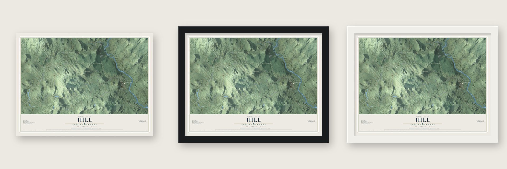 Hill, New Hampshire map unframed, in a black wood frame and in a white wood frame