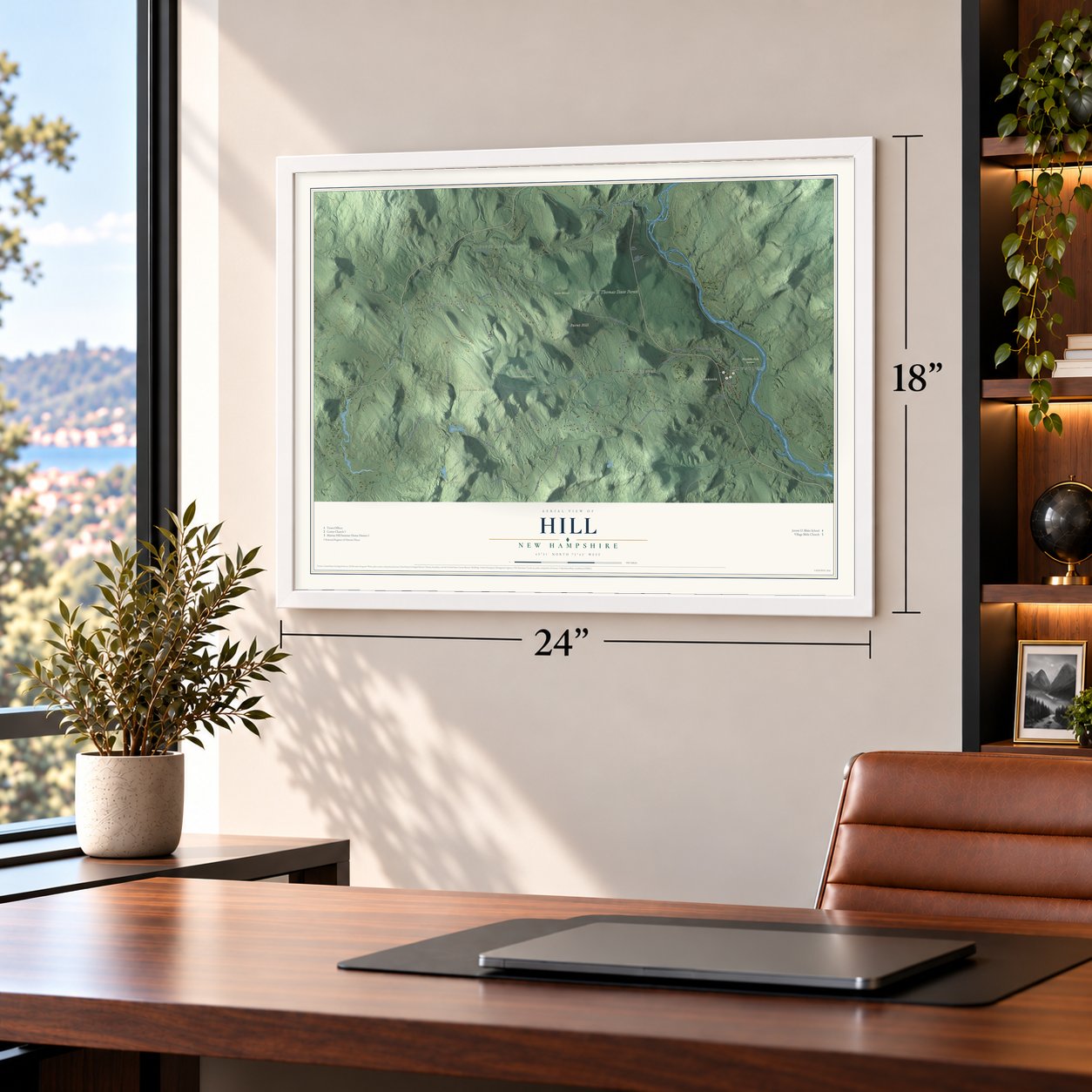 Hill, New Hampshire map, 18 x 24 inch print in a white frame in a home office