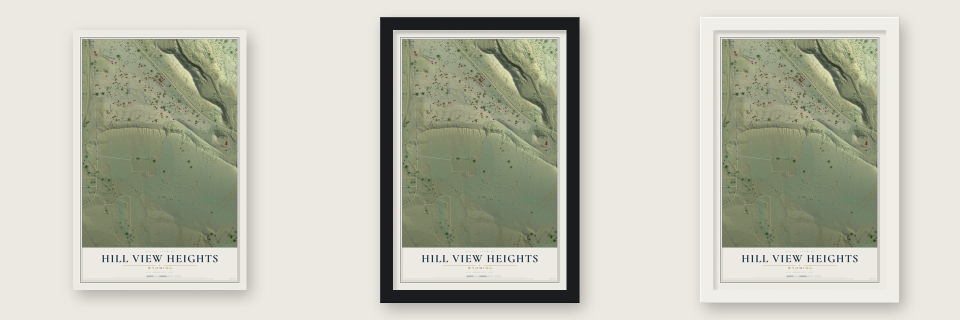Hill View Heights, Wyoming map unframed, in a black wood frame and in a white wood frame