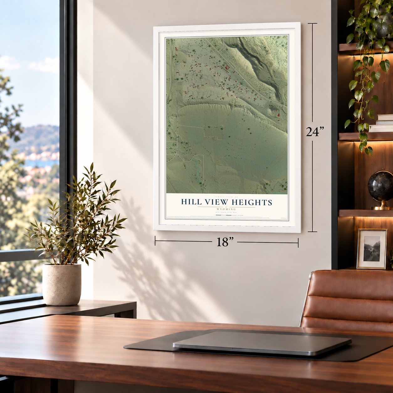 Hill View Heights, Wyoming map, 18 x 24 inch print in a white frame in a home office