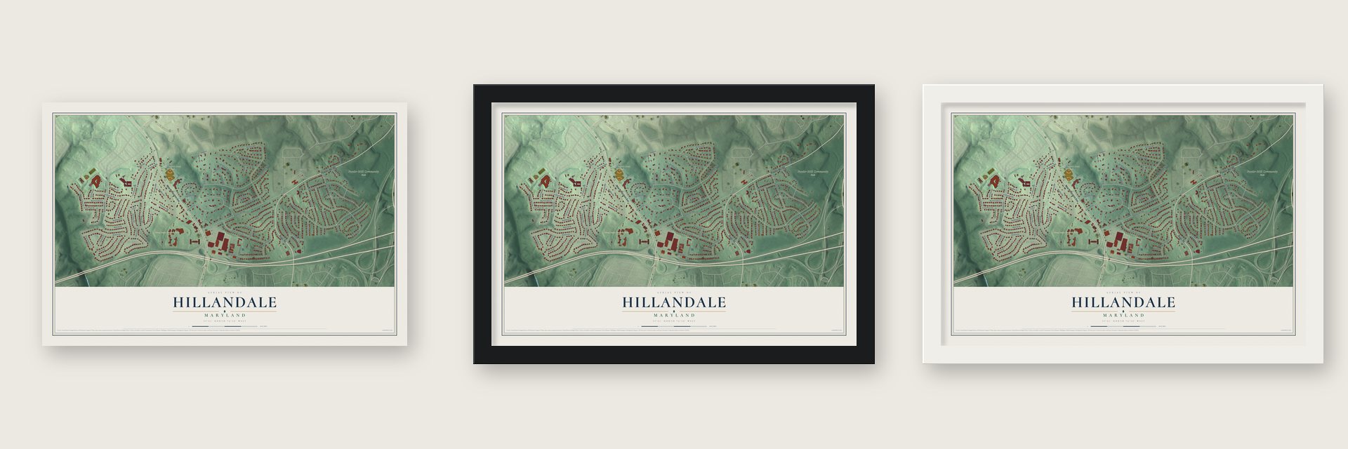 Hillandale, Maryland map unframed, in a black wood frame and in a white wood frame