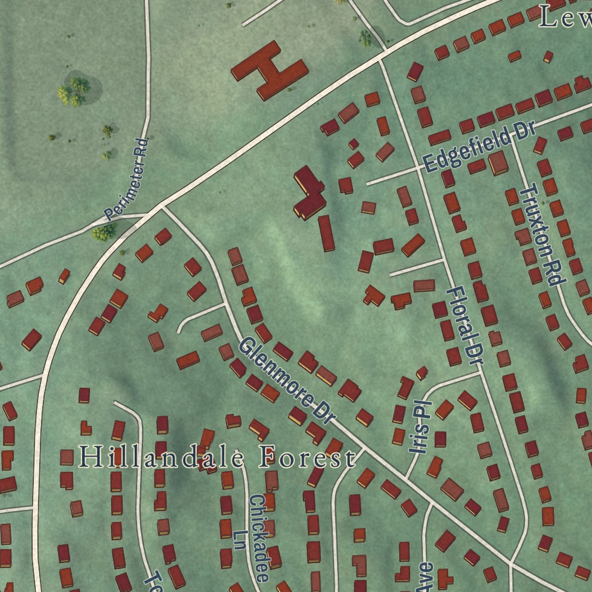 Second close-up of the map of Hillandale, Maryland print showing more streets and buildings