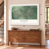 Hillandale, Maryland map, 24 x 36 inch print in a white frame above a dresser by a staircase