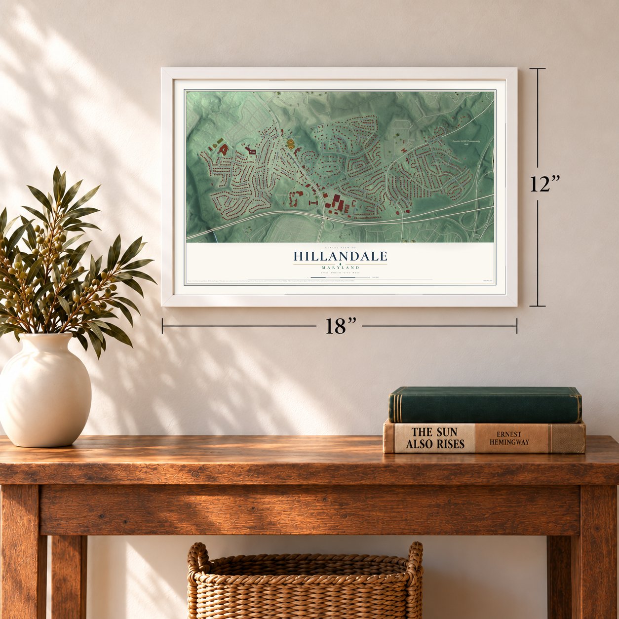 Hillandale, Maryland map, 12 x 18 inch print in a white frame in an entryway