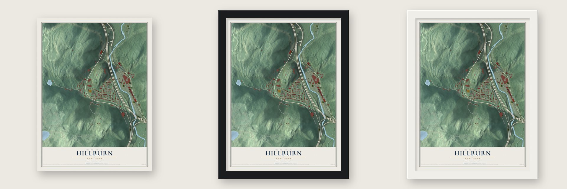 Hillburn, New York map unframed, in a black wood frame and in a white wood frame