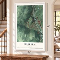 Hillburn, New York map, 24 x 36 inch print in a white frame by a staircase