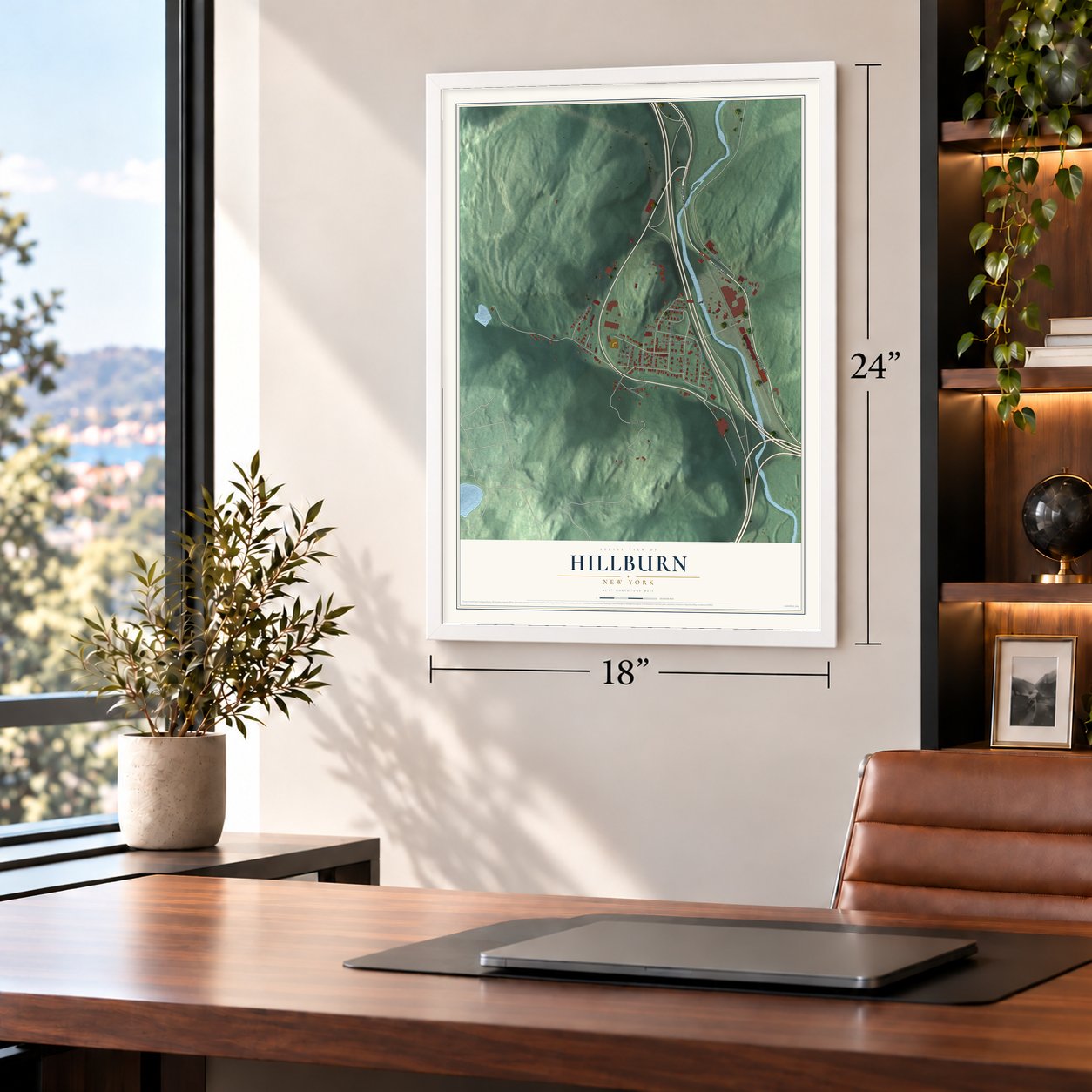Hillburn, New York map, 18 x 24 inch print in a white frame in a home office