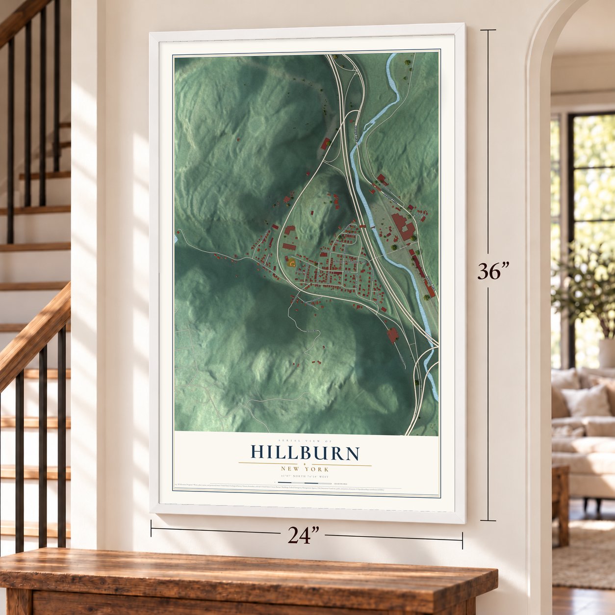 Hillburn, New York map, 24 x 36 inch print in a white frame by a staircase