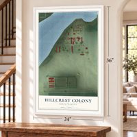 Hillcrest Colony, South Dakota map, 24 x 36 inch print in a white frame by a staircase