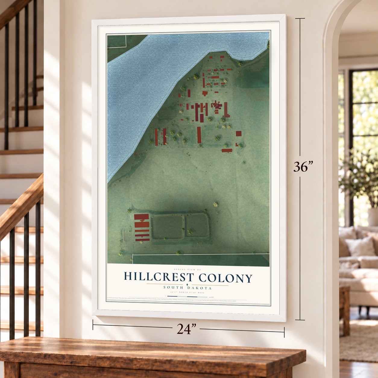 Hillcrest Colony, South Dakota map, 24 x 36 inch print in a white frame by a staircase