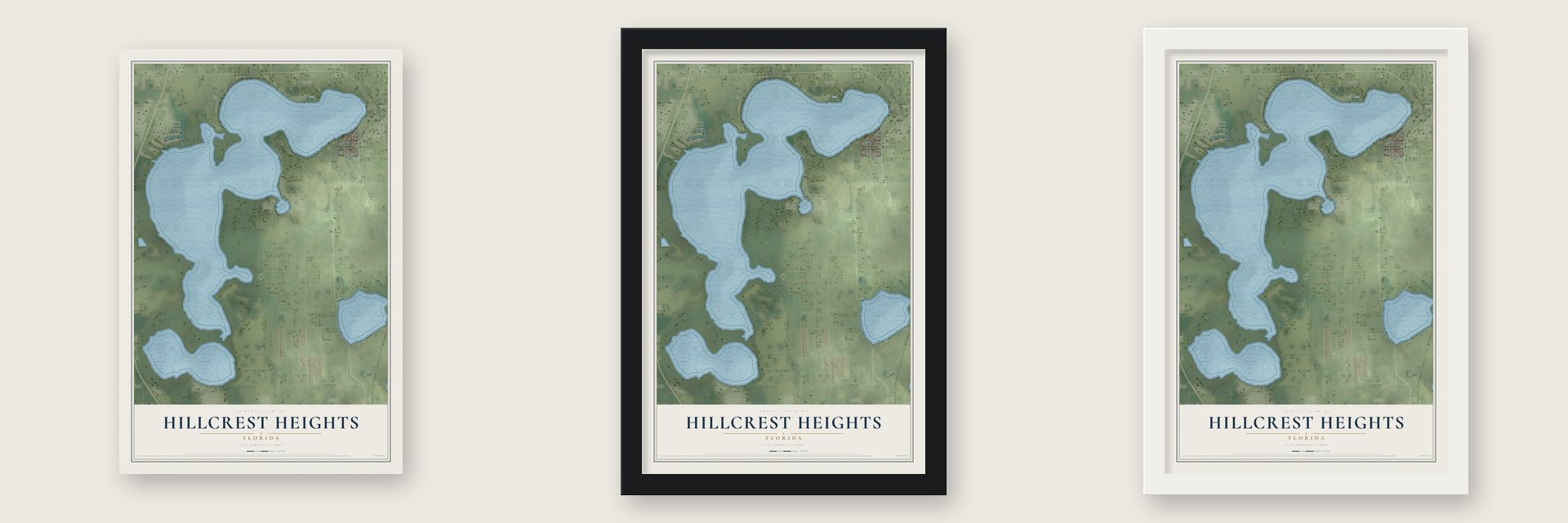 Hillcrest Heights, Florida map unframed, in a black wood frame and in a white wood frame