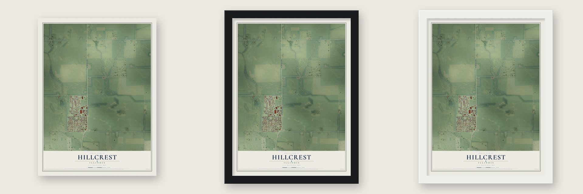 Hillcrest, Illinois map unframed, in a black wood frame and in a white wood frame