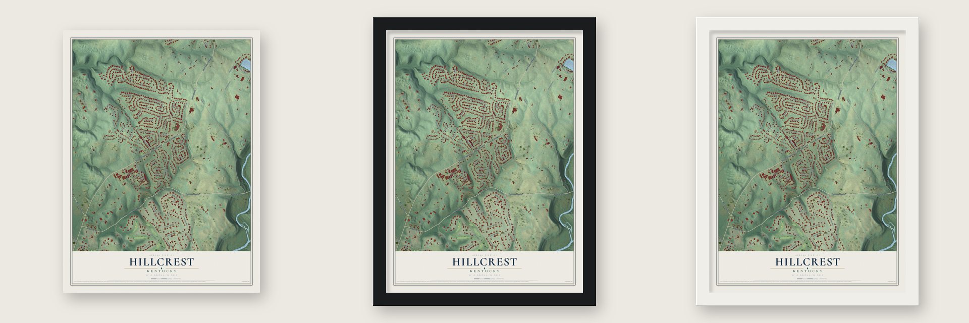 Hillcrest, Kentucky map unframed, in a black wood frame and in a white wood frame