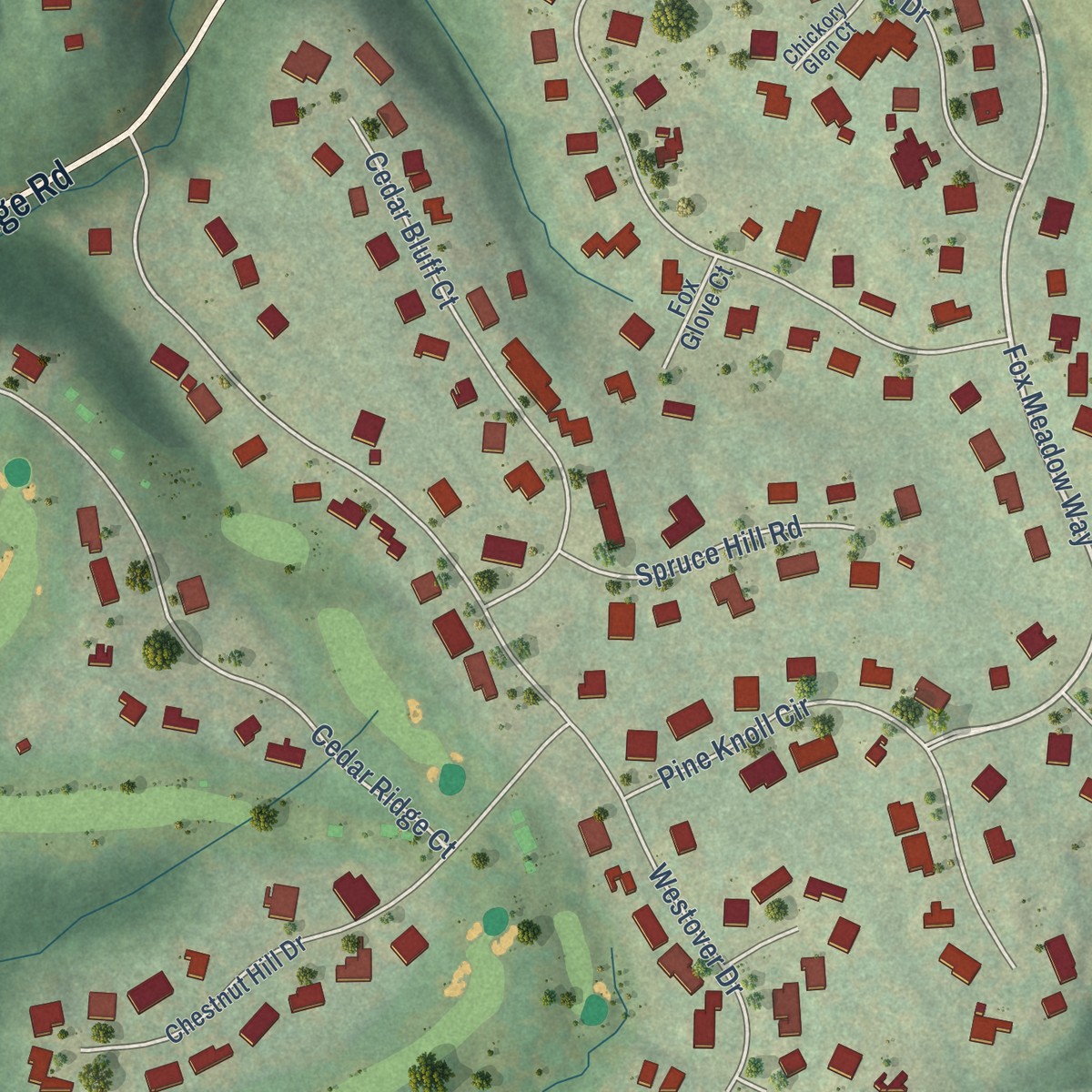 Second close-up of the map of Hillcrest, Kentucky print showing more streets and buildings