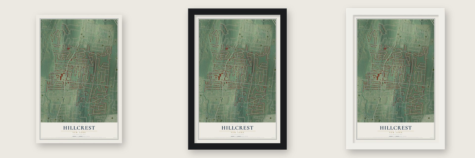 Hillcrest, New York map unframed, in a black wood frame and in a white wood frame