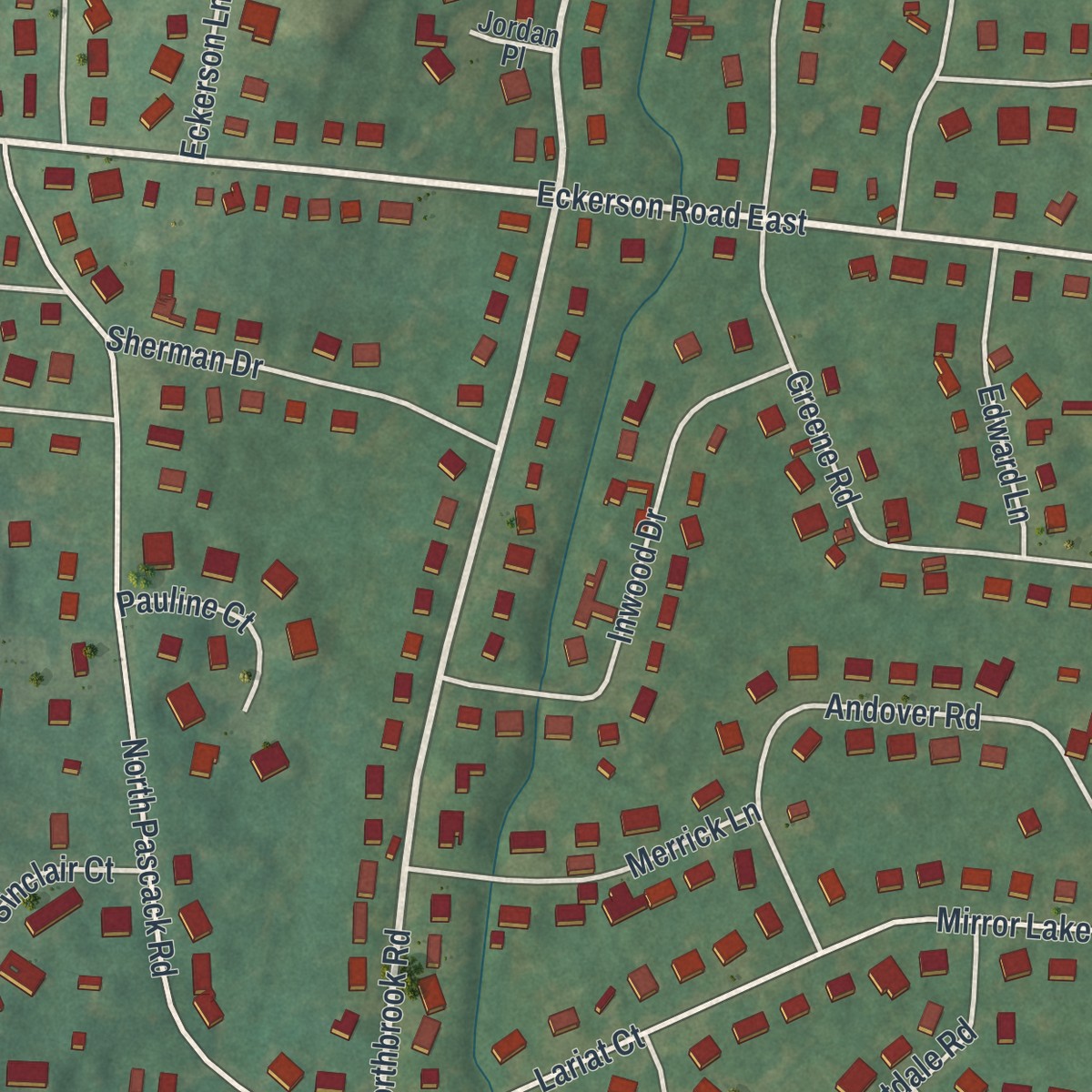 Second close-up of the map of Hillcrest, New York print showing more streets and buildings