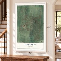 Hillcrest, New York map, 24 x 36 inch print in a white frame by a staircase