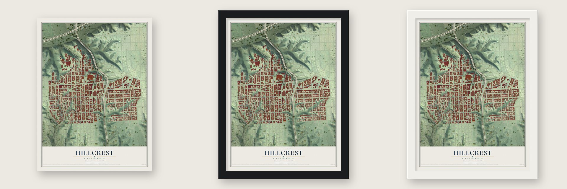 Hillcrest, San Diego, California map unframed, in a black wood frame and in a white wood frame