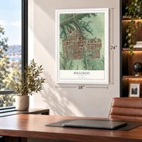 Hillcrest, San Diego, California map, 18 x 24 inch print in a white frame in a home office