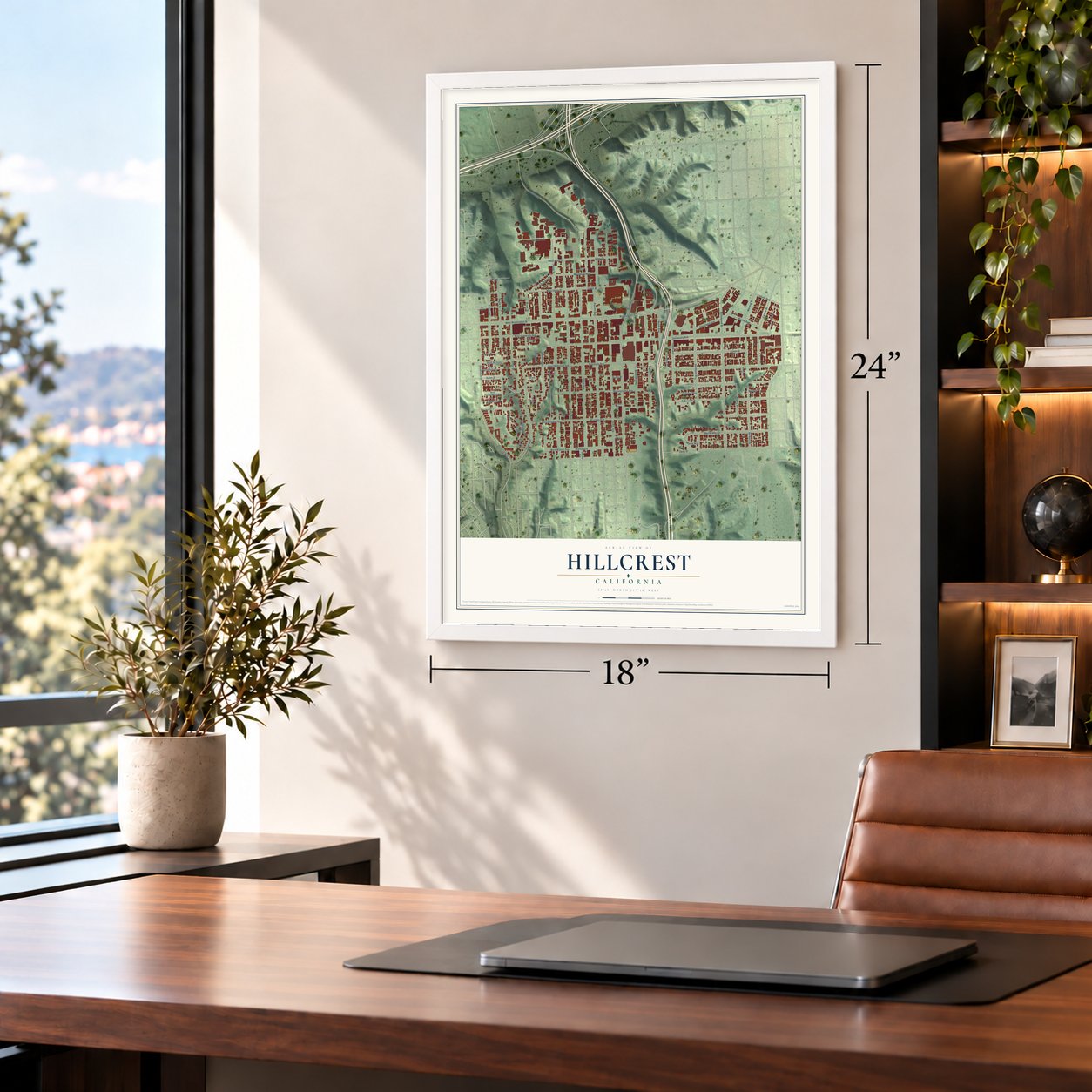 Hillcrest, San Diego, California map, 18 x 24 inch print in a white frame in a home office