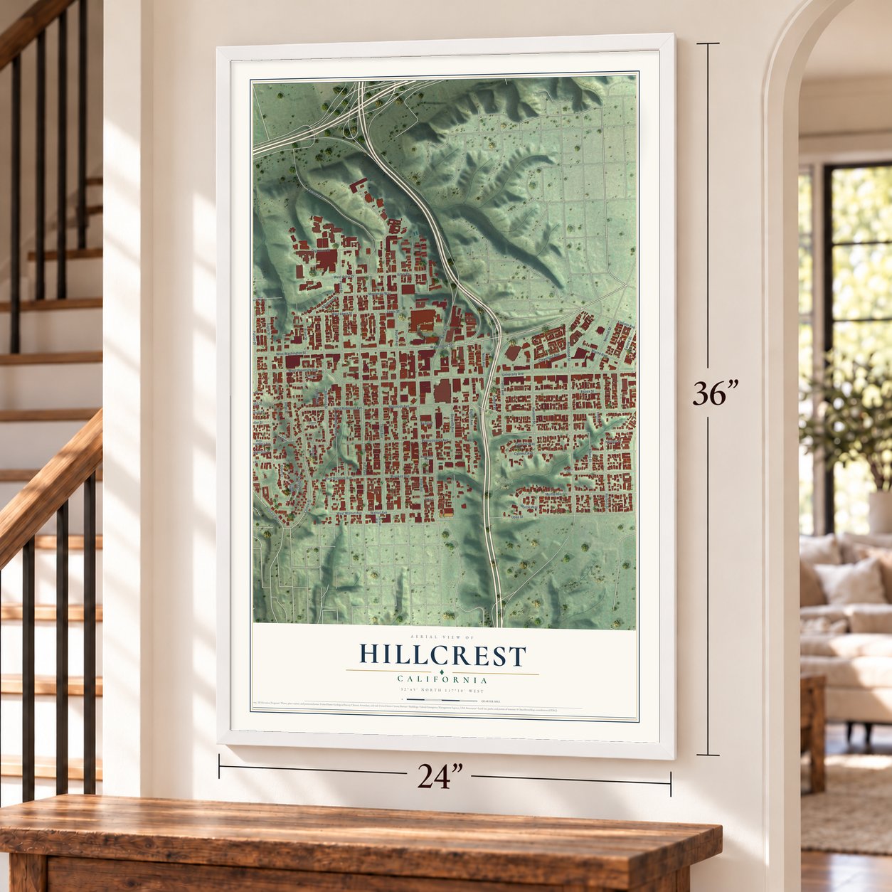 Hillcrest, San Diego, California map, 24 x 36 inch print in a white frame by a staircase