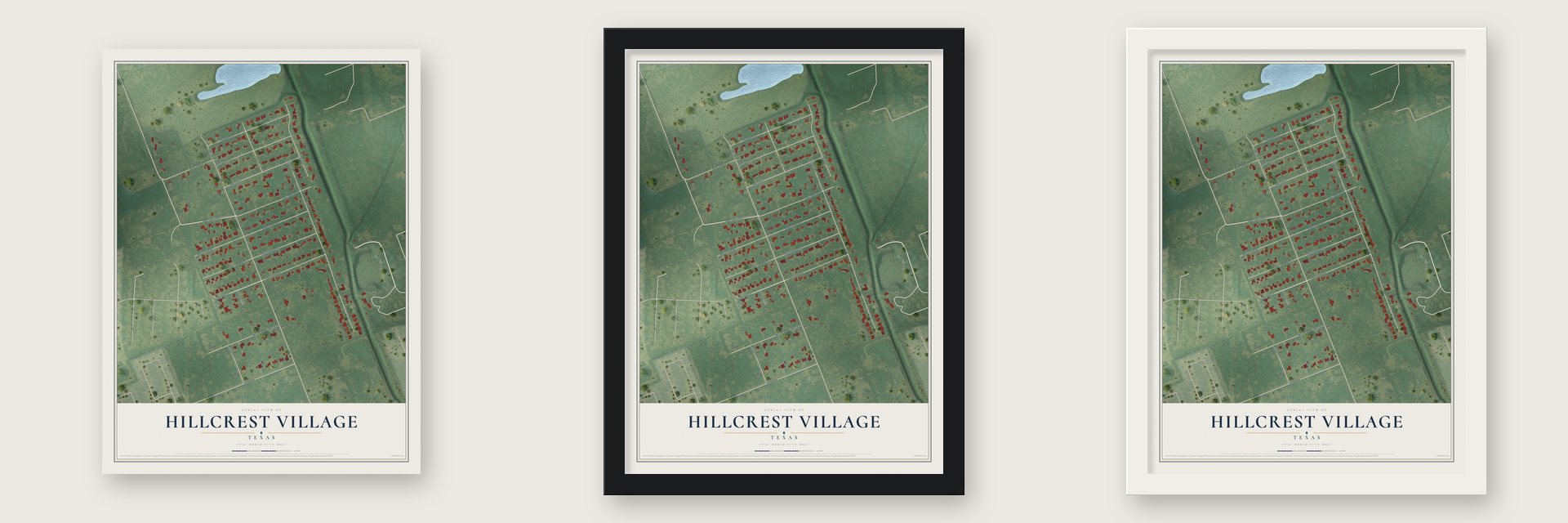 Hillcrest Village, Texas map unframed, in a black wood frame and in a white wood frame