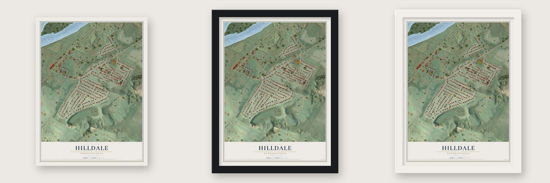 Hilldale, Pennsylvania map unframed, in a black wood frame and in a white wood frame