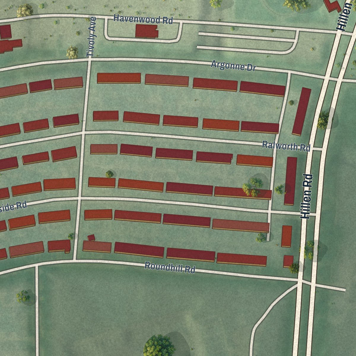 Second close-up of the map of Hillen, Maryland print showing more streets and buildings