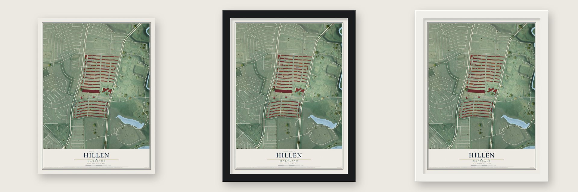 Hillen, Maryland map unframed, in a black wood frame and in a white wood frame