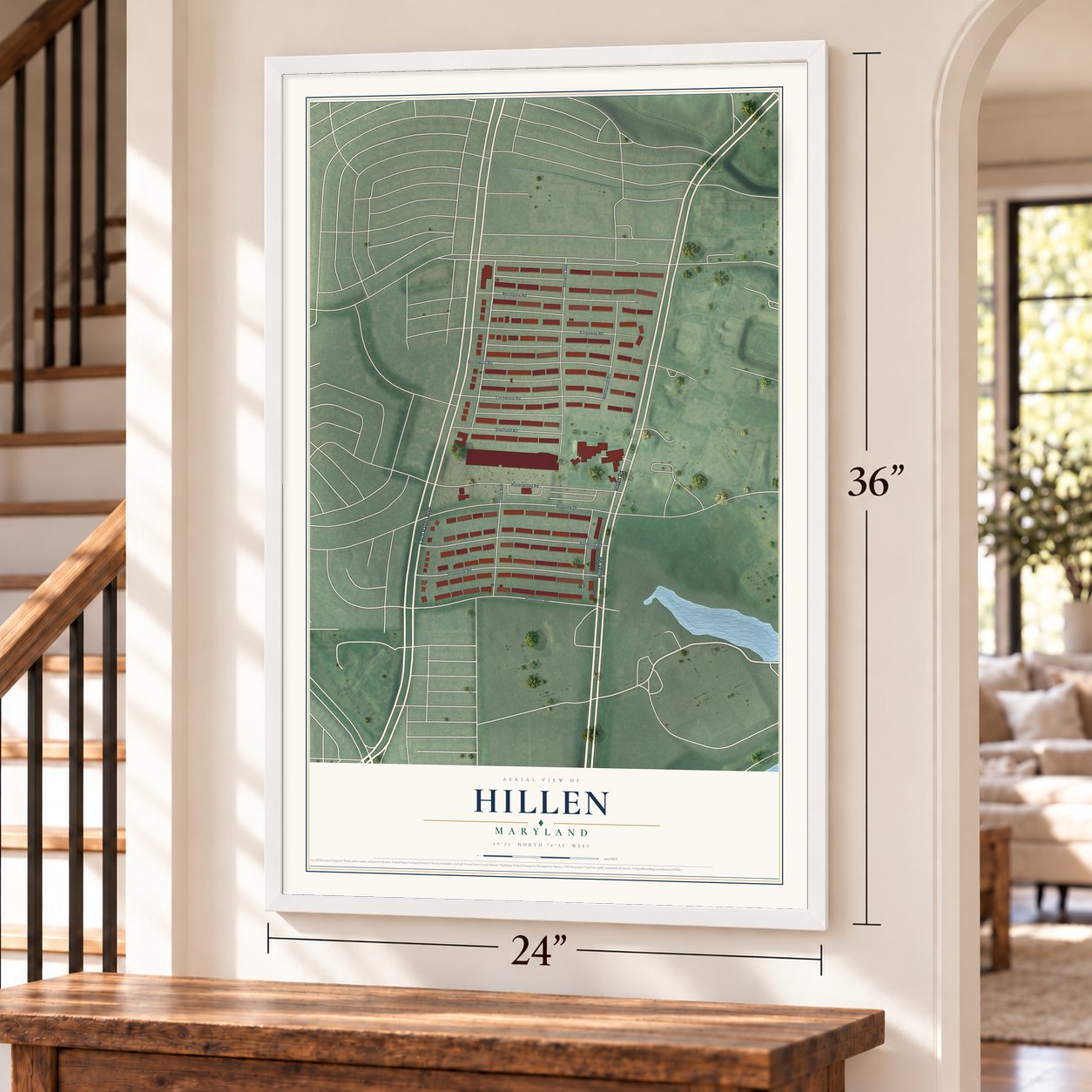 Hillen, Maryland map, 24 x 36 inch print in a white frame by a staircase