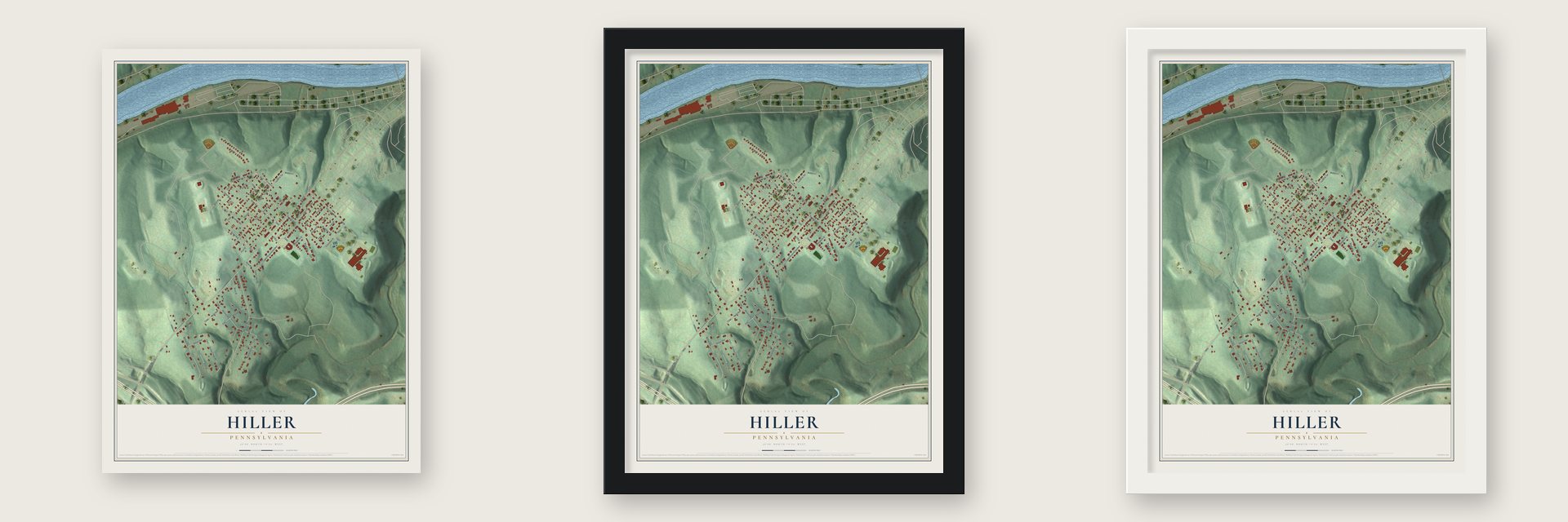 Hiller, Pennsylvania map unframed, in a black wood frame and in a white wood frame