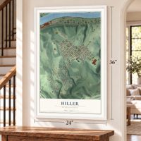 Hiller, Pennsylvania map, 24 x 36 inch print in a white frame by a staircase
